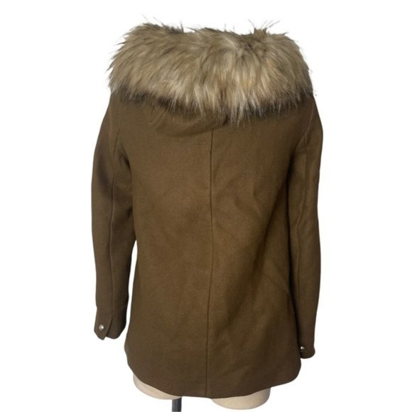 ZARA Women's Brown Pea Coat Full Zip Front Buckle Detail Faux Fur Hood Size XS - Picture 12 of 12